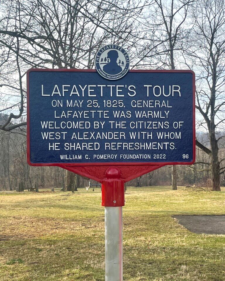 Lafayette Trail historical marker, West Alexander, Pennsylvania. Marker funded by the William G. Pomeroy Foundation.