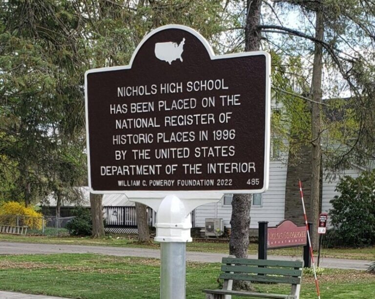National Register roadside marker for Nichols High School. Marker funded by the William G. Pomeroy Foundation.