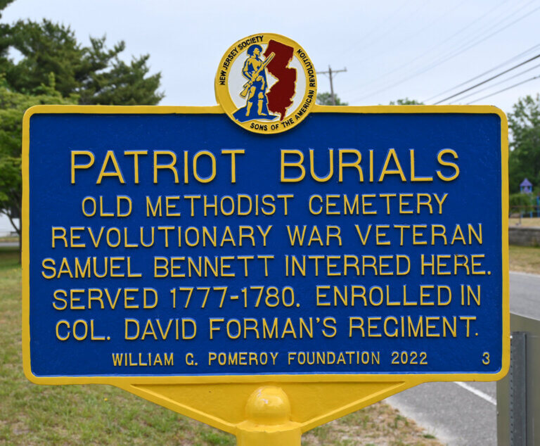 Patriot Burials historical marker for the Old Methodist Cemetery, Manahawkin, New Jersey. Marker funded by the William G. Pomeroy Foundation.