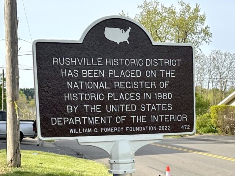 National Register marker for Rushville Historic District, Rushville, Ohio. Marker funded by the William G. Pomeroy Foundation.