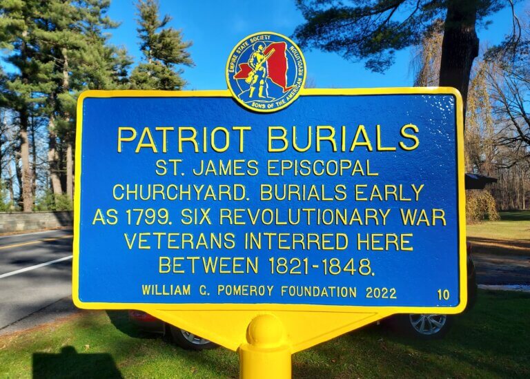 Patriot Burials marker at St. James Episcopal Churchyard. Marker funded by the William G. Pomeroy Foundation.