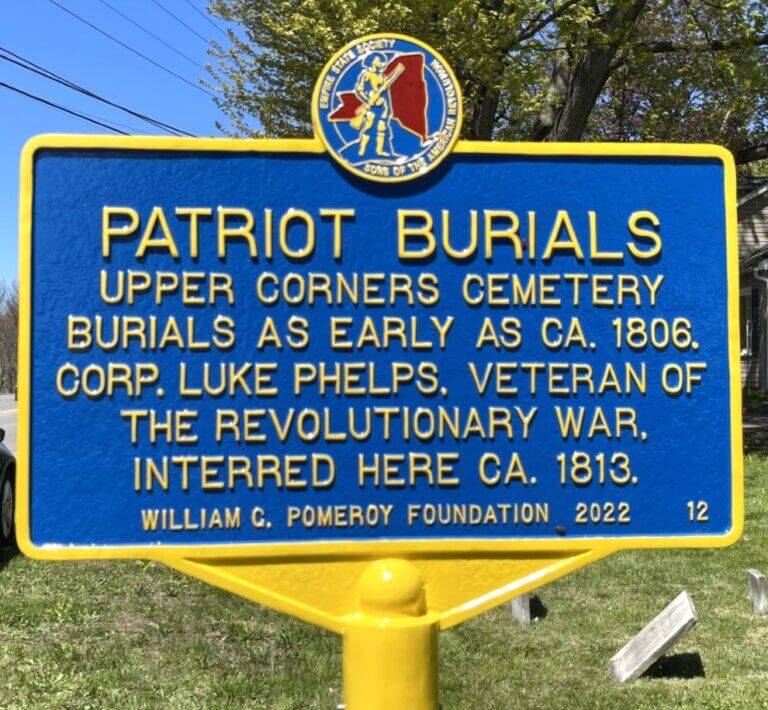 Patriot Burials historical marker for Upper Corners Cemetery. Marker funded by the William G. Pomeroy Foundation.