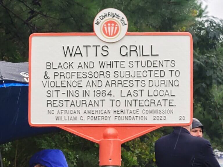 North Carolina Civil Rights Trail marker, Watts Grill sit-ins, Chapel Hill, North Carolina. Marker funded by the William G. Pomeroy Foundation.