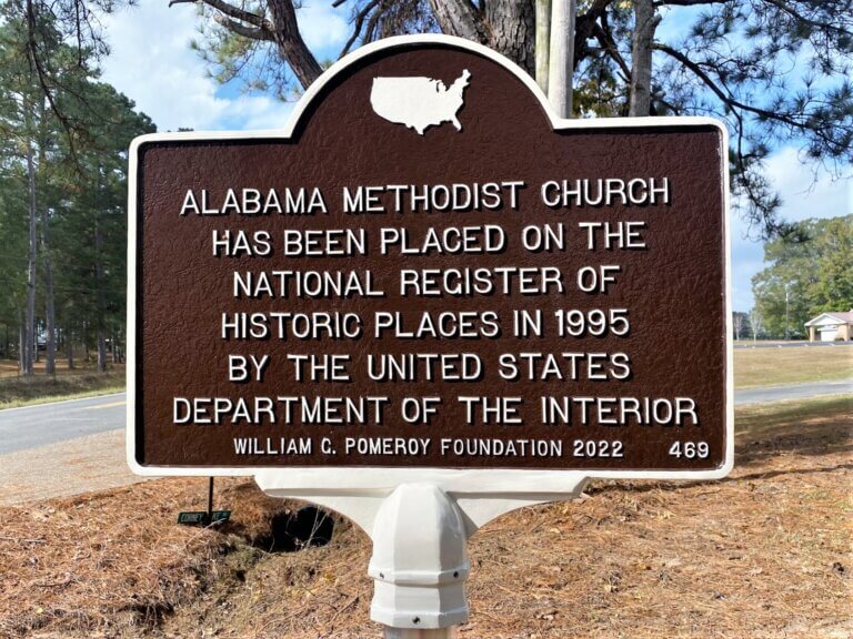 National Register marker for the Alabama Methodist Church. Marker funded by the William G. Pomeroy Foundation.
