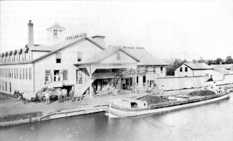 D.B. DeLand factory in Fairport, New York. Photograph circa 1860.