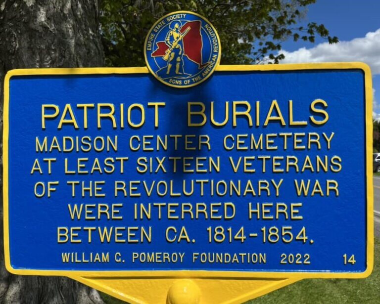 Patriot Burials historical marker for Madison Center Cemetery. Marker funded by the William G. Pomeroy Foundation.