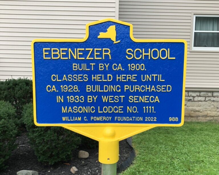 Historical marker for Ebenezer School, West Seneca, New York. Marker funded by the William G. Pomeroy Foundation.