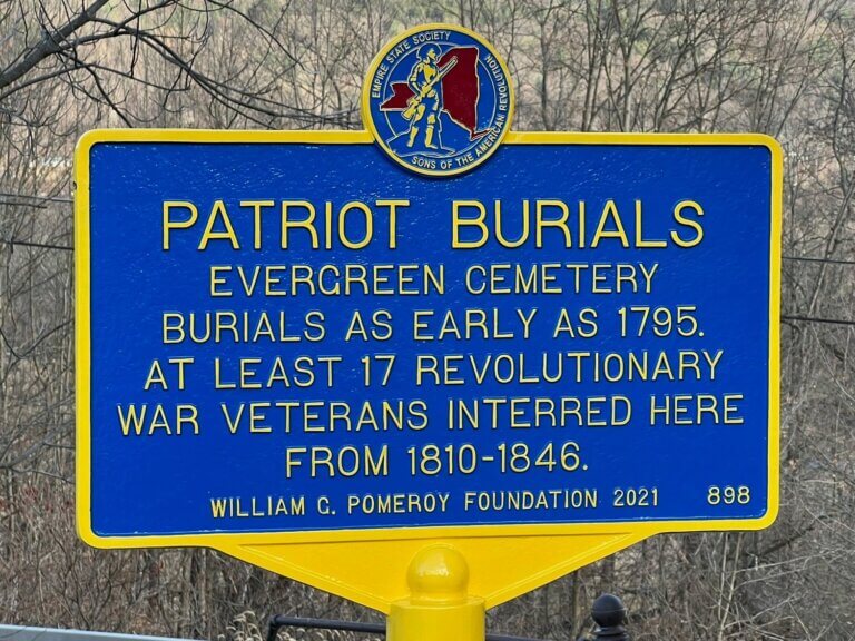 Patriot Burials marker at Evergreen Cemetery. Marker funded by the William G. Pomeroy Foundation.