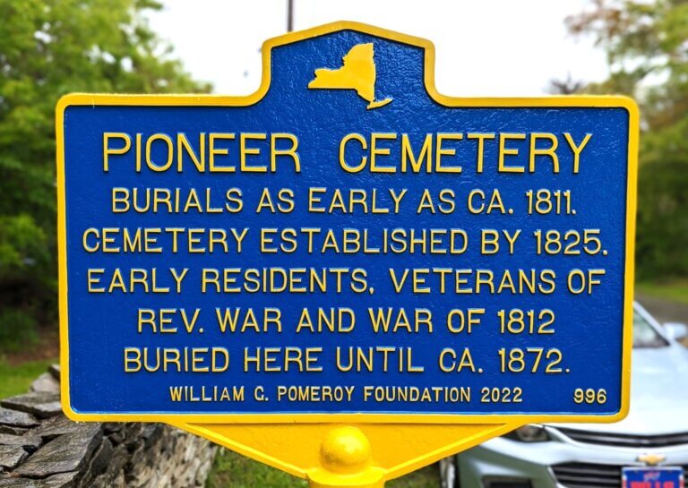 Historical marker for Pioneer Cemetery in Sheldon, New York. Marker funded by the William G. Pomeroy Foundation.