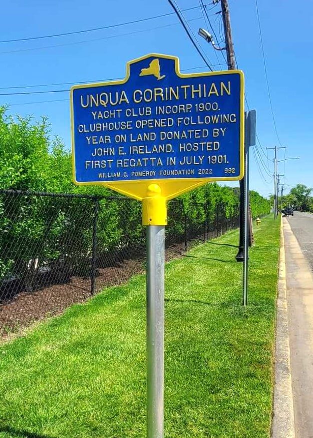 New York State historical marker for Unqua Corinthian Yacht Club.
