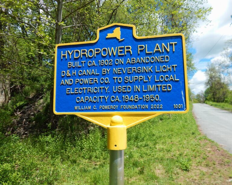 New York State historical marker for hydropower plant. Funded by the William G. Pomeroy Foundation.
