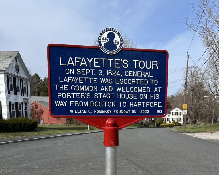 Lafayette Trail historical marker Sturbridge, Massachusetts. Marker funded by the William G. Pomeroy Foundation.