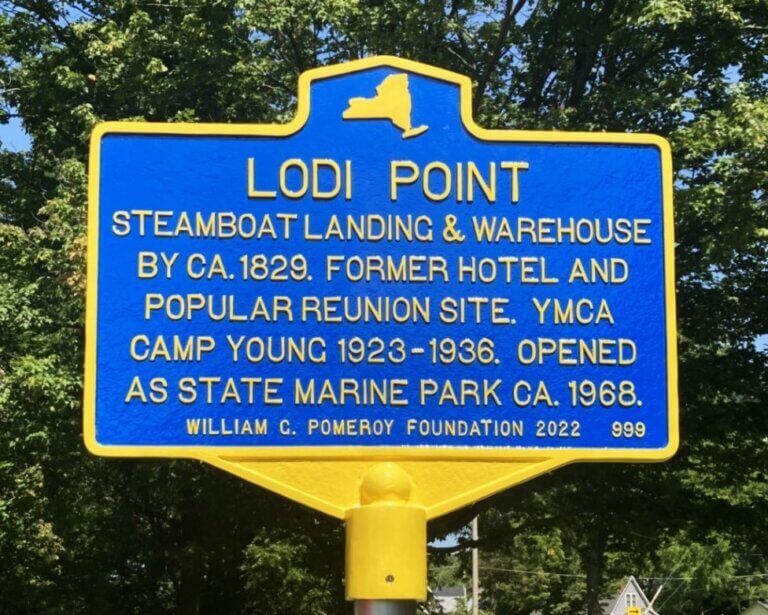Historical marker for Lodi Point, Lodi, New York. Marker funded by the William G. Pomeroy Foundation.