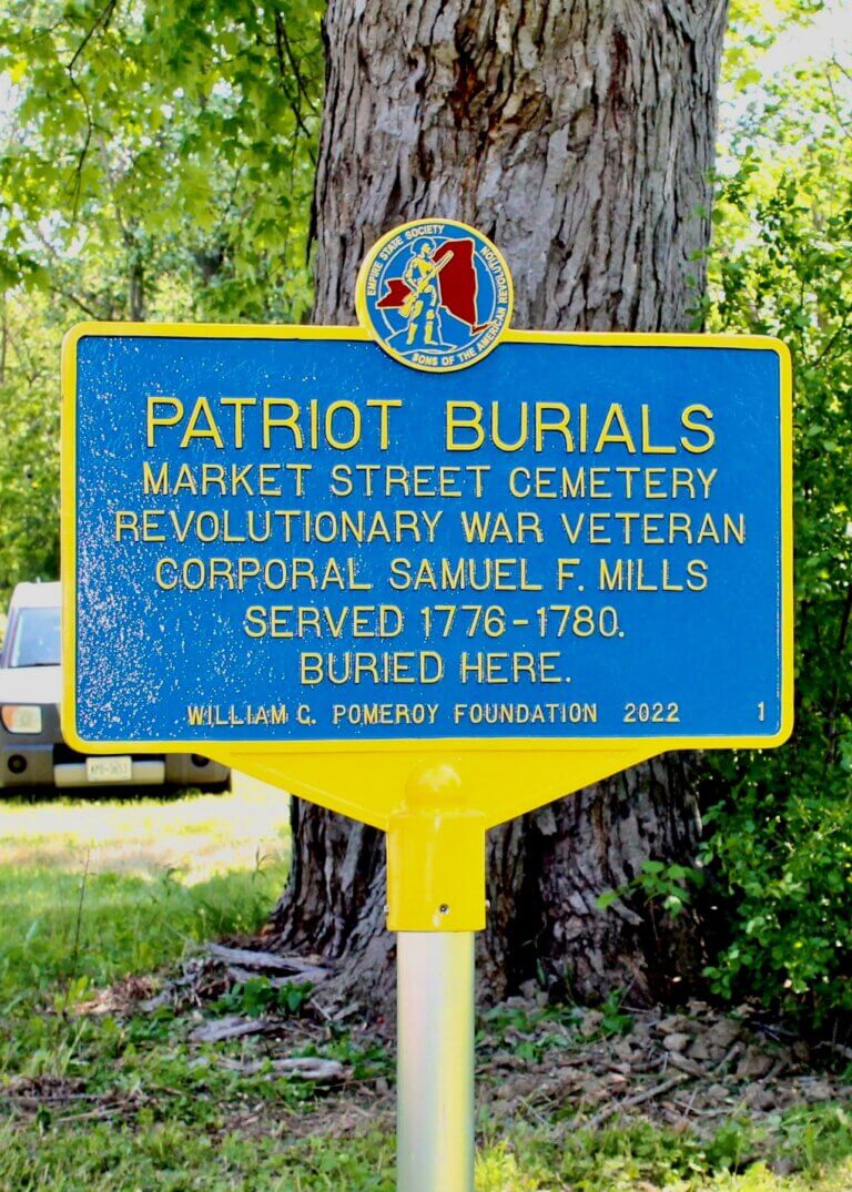 Patriot Burials historical marker for Market Street Cemetery, Cape Vincent, New York. Marker funded by the William G. Pomeroy Foundation.