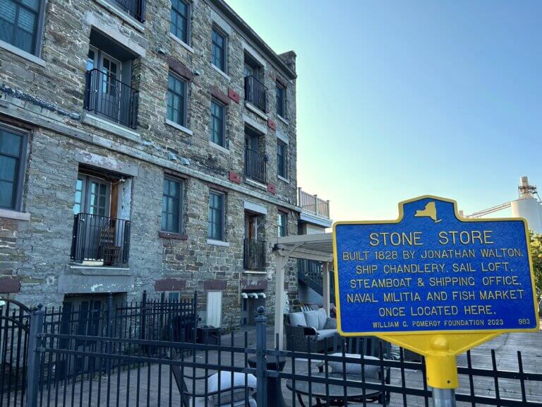 Historical marker funded by the William G. Pomeroy Foundation for the historic Stone Store, Oswego, New York.