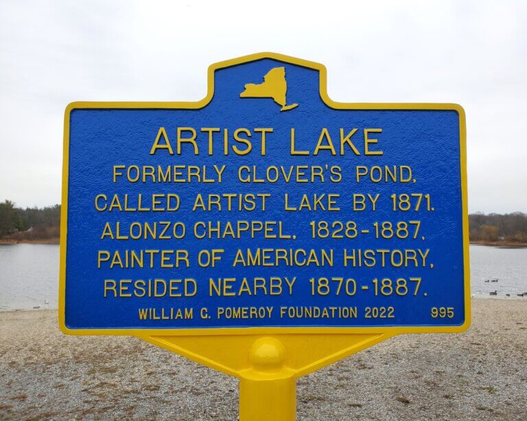 Historical marker funded by the William G. Pomeroy Foundation that commemorates Artist Lake, Middle Island, N.Y.
