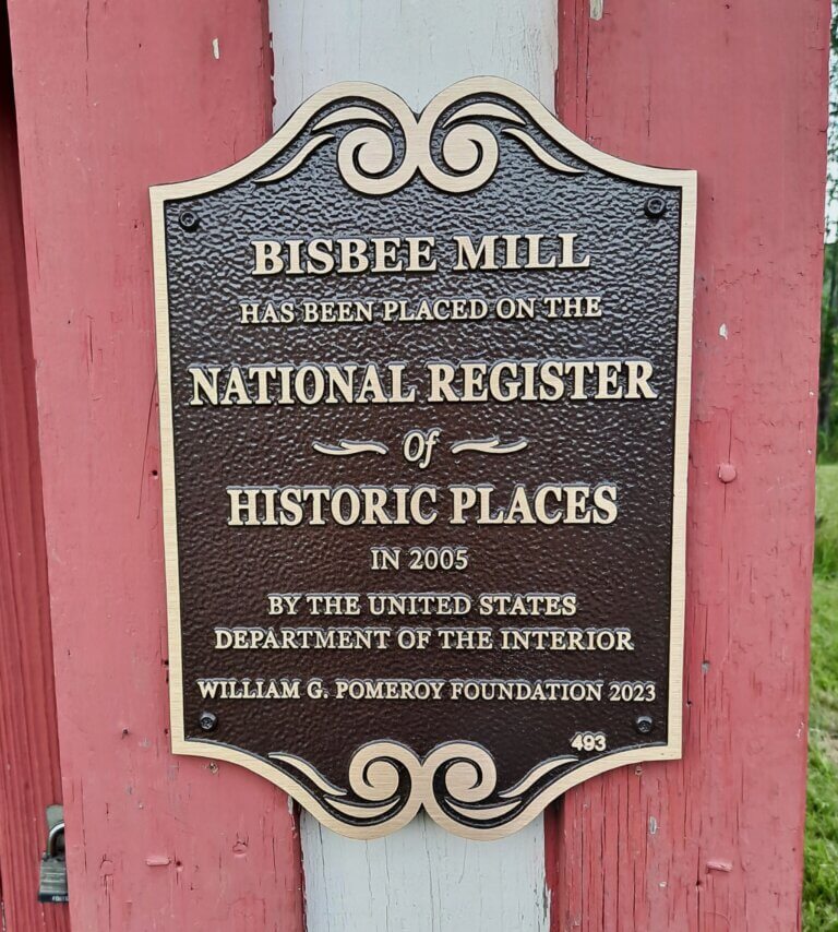 National Register plaque funded by the William G. Pomeroy Foundation that commemorates Bisbee Mill in Chesterfield, Massachusetts.