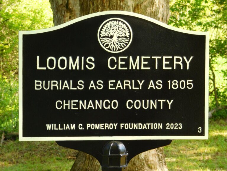 Close up view of the New York State cemeteries marker funded by the William G. Pomeroy Foundation for Loomis Cemetery, Chenango County, New York.