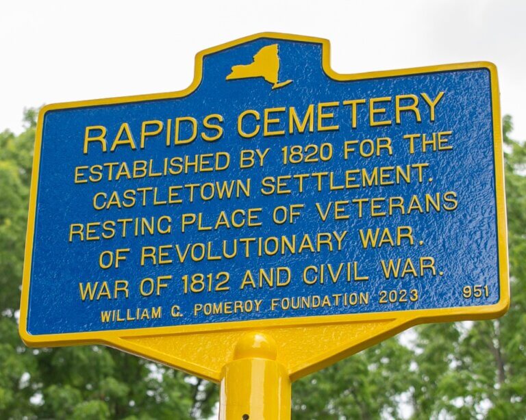 Historical marker for Rapids Cemetery, Rochester, New York. Marker funded by the William G. Pomeroy Foundation.