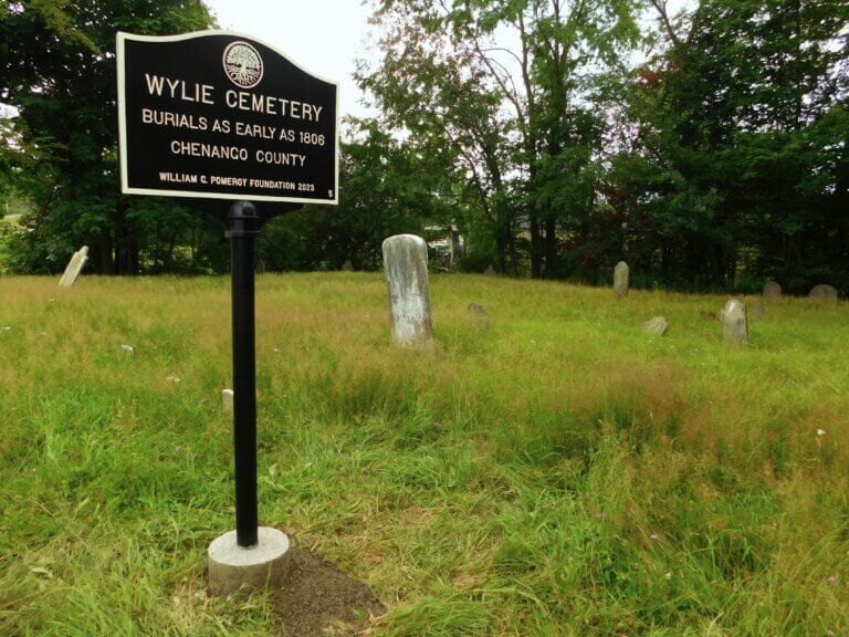 New York State cemeteries marker funded by the William G. Pomeroy Foundation for Wylie Cemetery, Chenango County, New York.