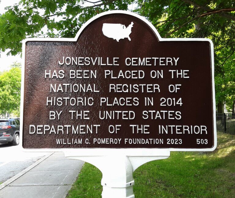 National Register historical marker funded by the William G. Pomeroy Foundation for Jonesville Cemetery in Clifton Park, New York.