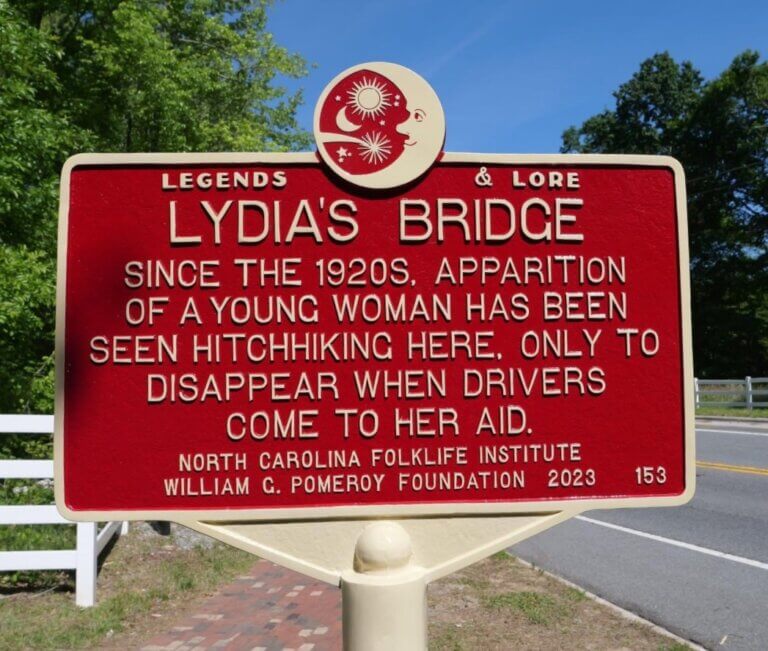 Legends & Lore marker for Lydia's Bridge, Jamestown, North Carolina. Marker funded by the William G. Pomeroy Foundation.