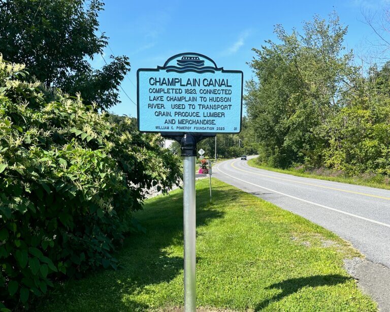 Historical marker funded by the William G. Pomeroy Foundation that commemorates the Champlain Canal, Mechanicville, N.Y.