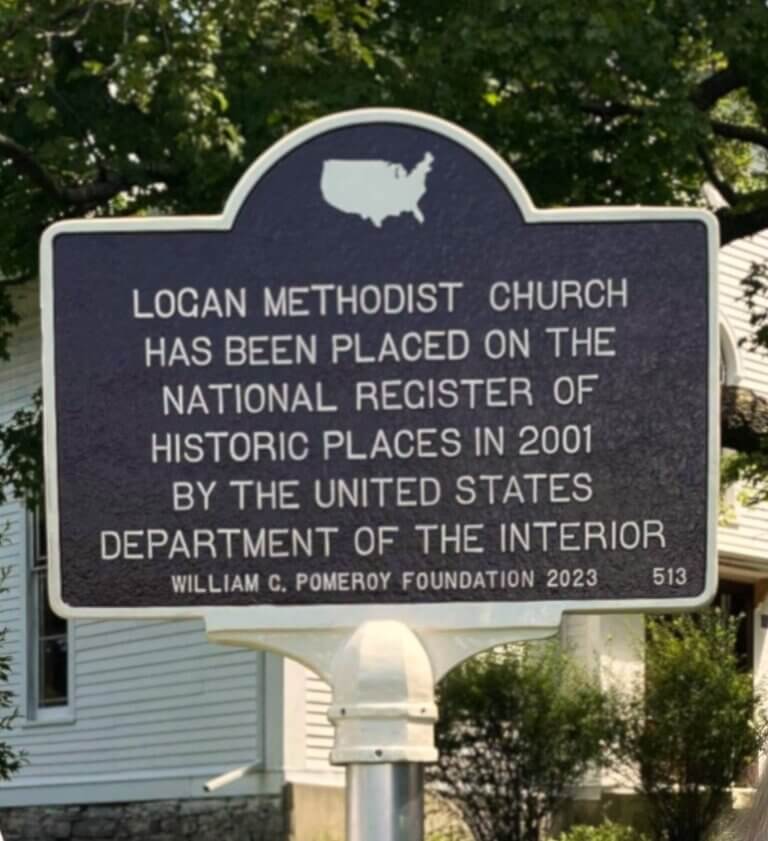 National Register historical marker funded by the William G. Pomeroy Foundation for Logan Methodist Church, Hector, New York.