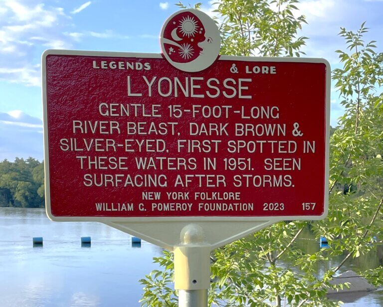 Legends & Lore roadside marker funded by the William G. Pomeroy Foundation that commemorates the Lyonesse, Lyons Falls, N.Y.