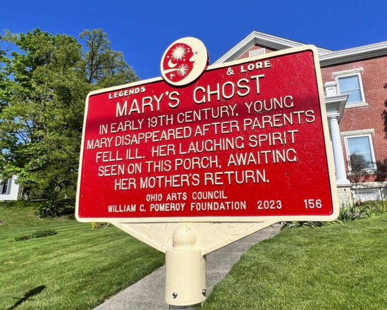 Legends & Lore marker for Mary's Ghost, Waynesville, Ohio. Marker funded by the William G. Pomeroy Foundation.