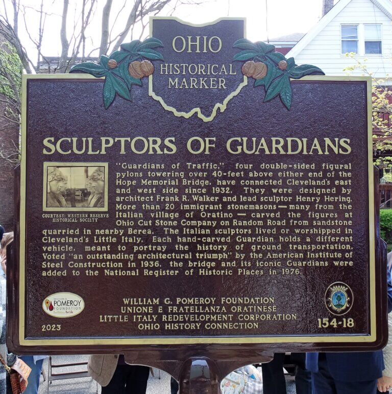 Ohio historical marker for Sculptors of Guardians, Cleveland, Ohio. Marker funded by the William G. Pomeroy Foundation.