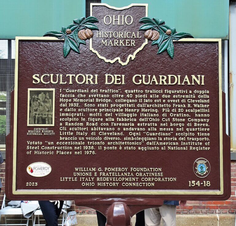 Ohio historical marker for Sculptors of Guardians, Cleveland, Ohio. Inscription written in Italian. Marker funded by the William G. Pomeroy Foundation.