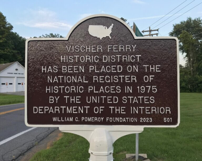 Historical marker funded by the William G. Pomeroy Foundation that commemorates Vischer Ferry Historic District, Rexford, N.Y.