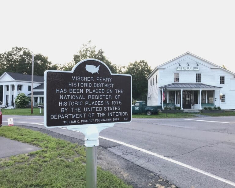 Historical marker funded by the William G. Pomeroy Foundation that commemorates Vischer Ferry Historic District, Rexford, N.Y.