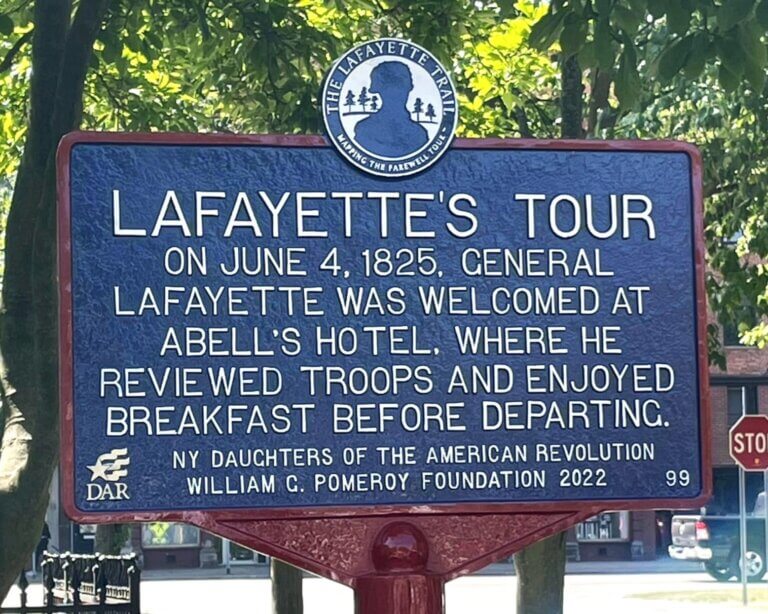 Lafayette Trail historical marker, Fredonia, New York. Marker funded by the William G. Pomeroy Foundation.