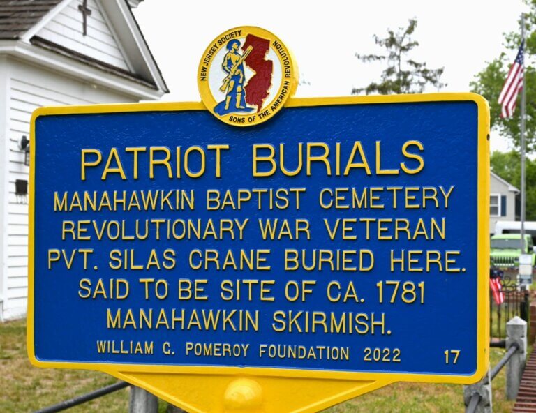 Patriot Burials historical marker for Manahawkin Baptist Cemetery, Manahawkin, New Jersey. Marker funded by the William G. Pomeroy Foundation.