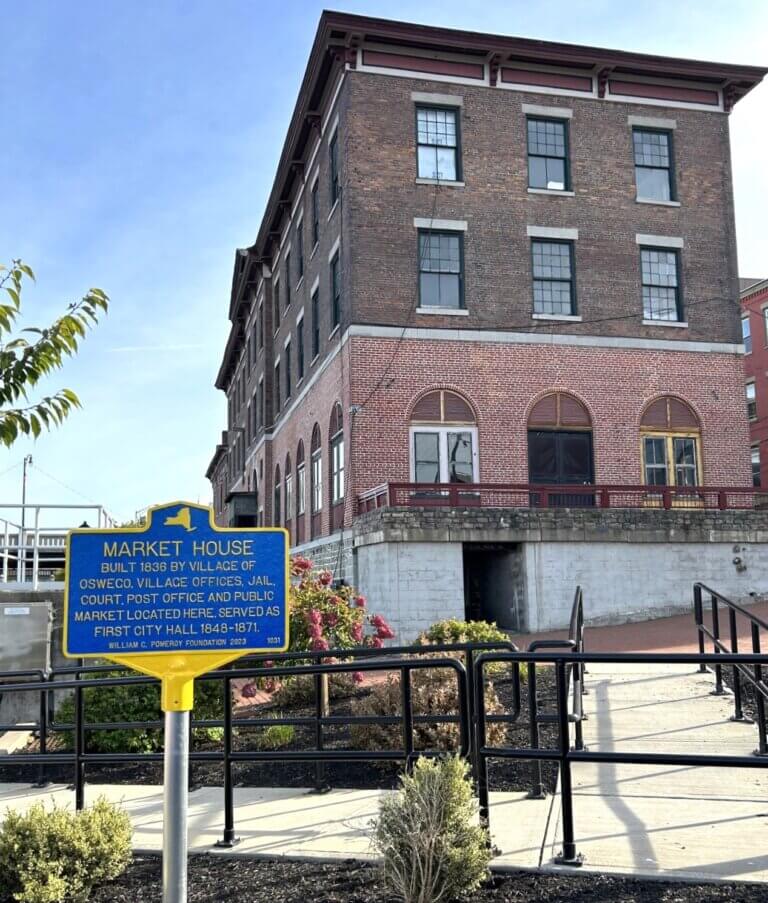 Historical marker for the Market House in Oswego, New York.