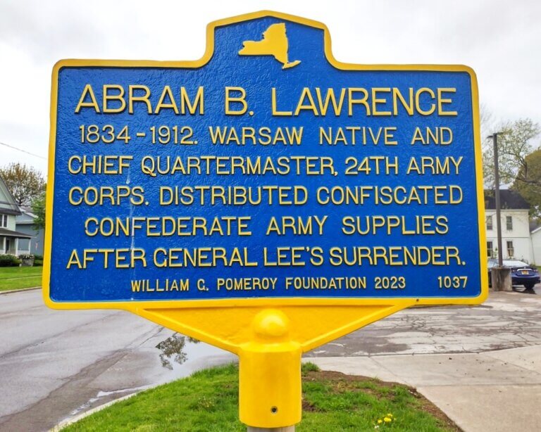 New York State historical marker for Abram Lawrence. Marker funded by the William G. Pomeroy Foundation.