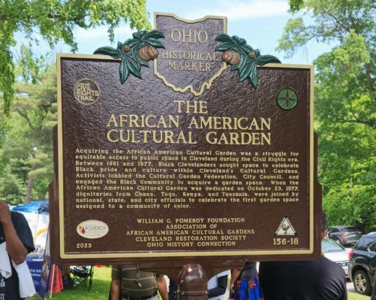 Ohio historical marker funded by the William G. Pomeroy Foundation for the African American Cultural Garden in Cleveland, Ohio.