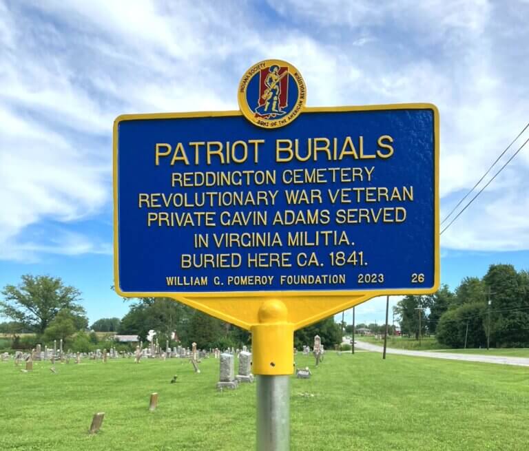 Patriot Burials historical marker funded by the William G. Pomeroy Foundation at Reddington Cemetery, Seymour, Indiana.