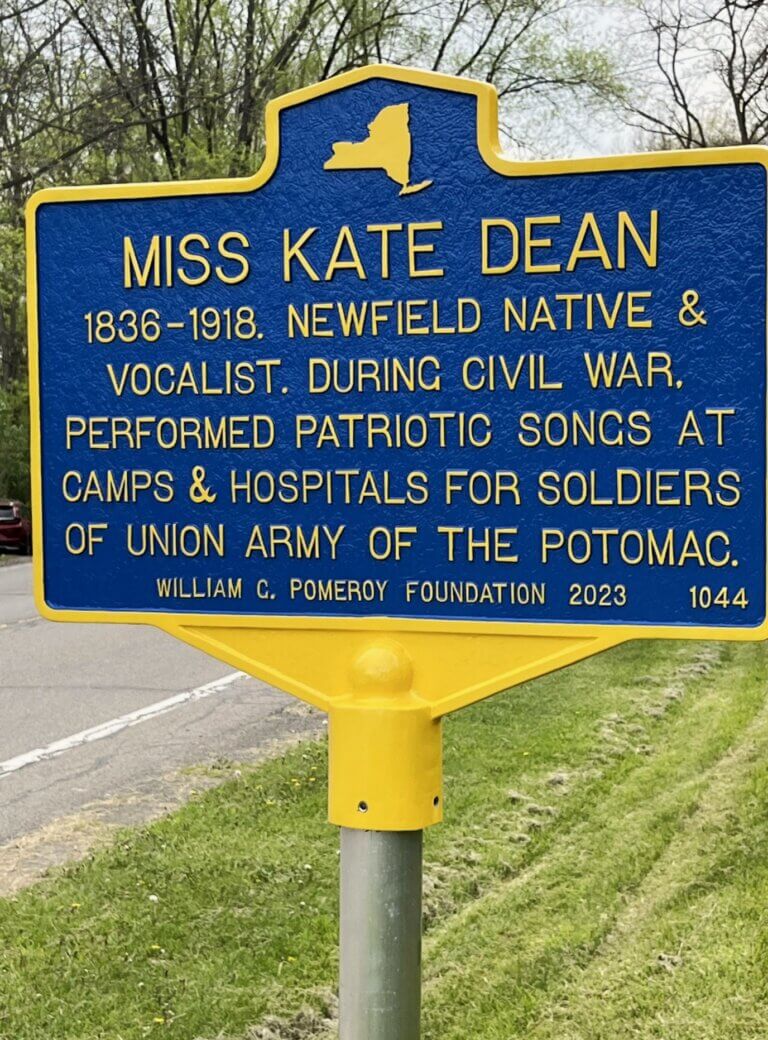 Close up of the NYS historical marker honoring Kate Dean, Newfield, NY.