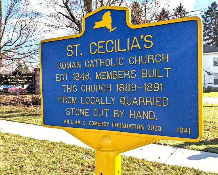 Historical marker for St. Cecilia's church, Strykersville, New York.