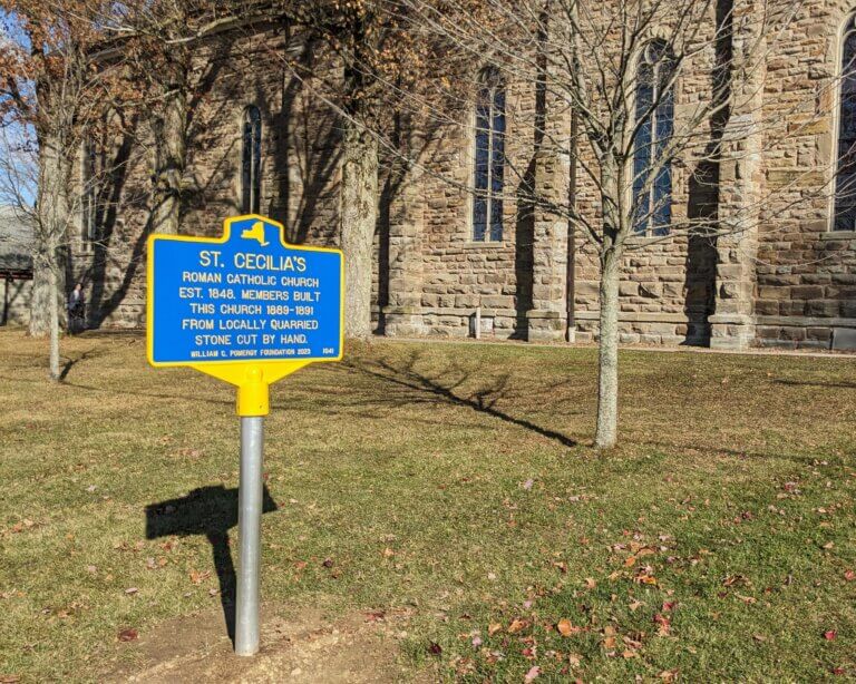 Historical marker for St. Cecilia's Church, Strykersville, New York.