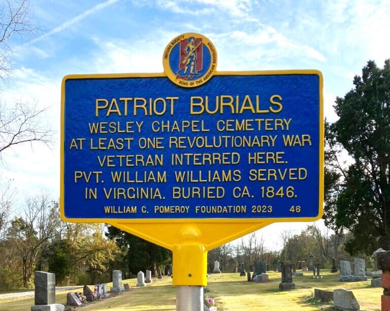 Patriot Burials historical marker at Wesley Chapel Cemetery, Boonville, Indiana.