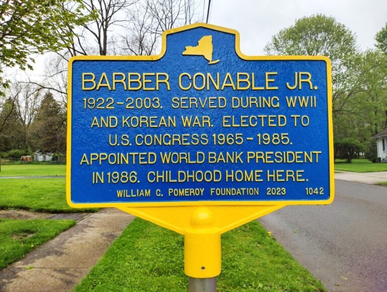 New York State historical marker for Barber Conable Jr., Warsaw, New York. Marker funded by the William G. Pomeroy Foundation.