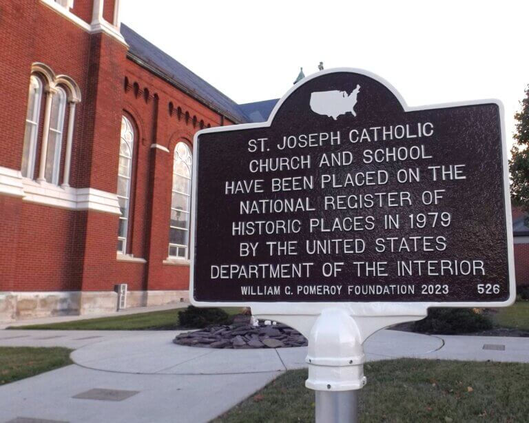 National Register marker for St. Joseph Church and School.
