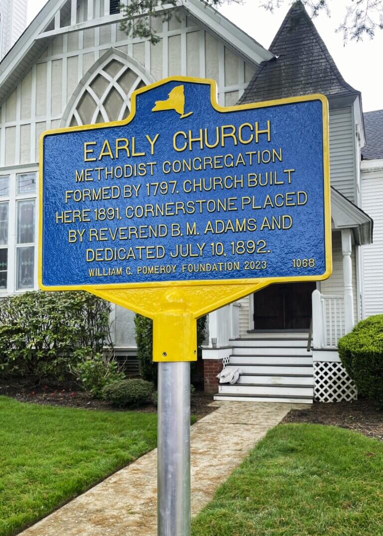 New York State historical marker for early Methodist congregation, Amityville, New York.