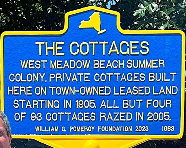 New York State historical marker for The Cottages, Brookhaven, NY. Marker funded by the William G. Pomeroy Foundation.