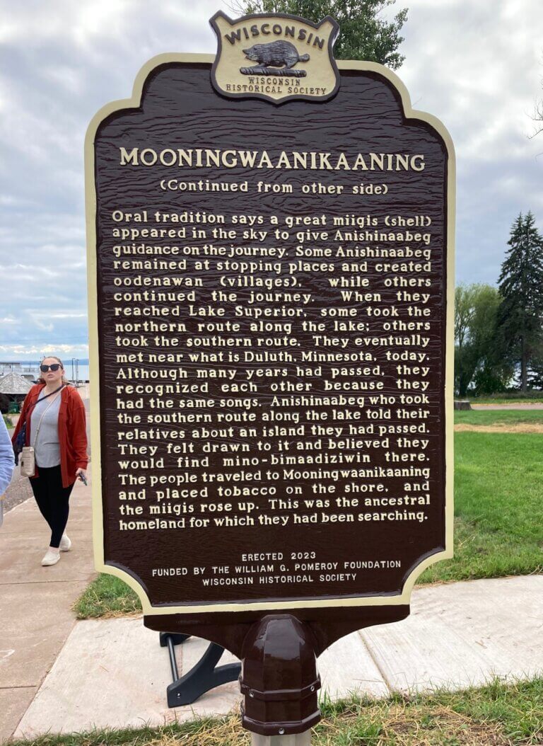 Wisconsin historical marker commemorating Mooningwaanikaaning (Madeline Island).