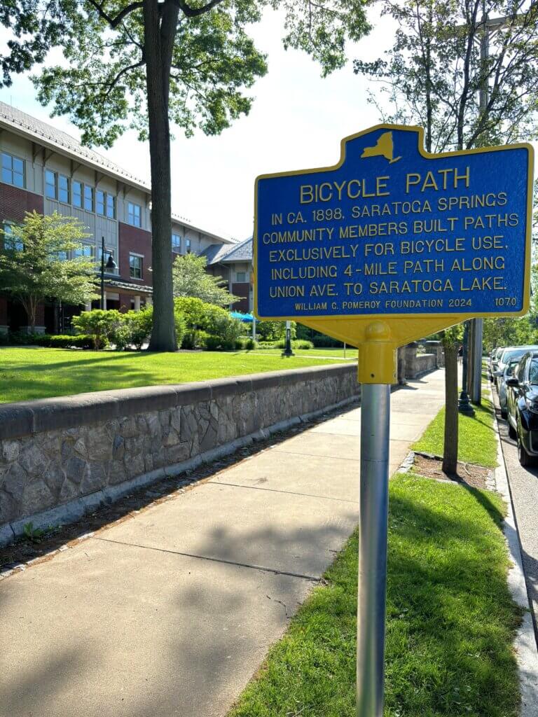NYS historical marker for Bicycle Path, Saratoga Spring, New York.